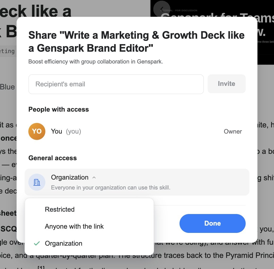 Share panel of a Slides Skill