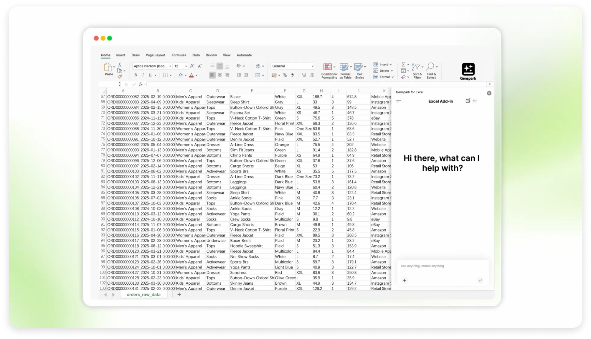 Excel interface with Genspark add-in
