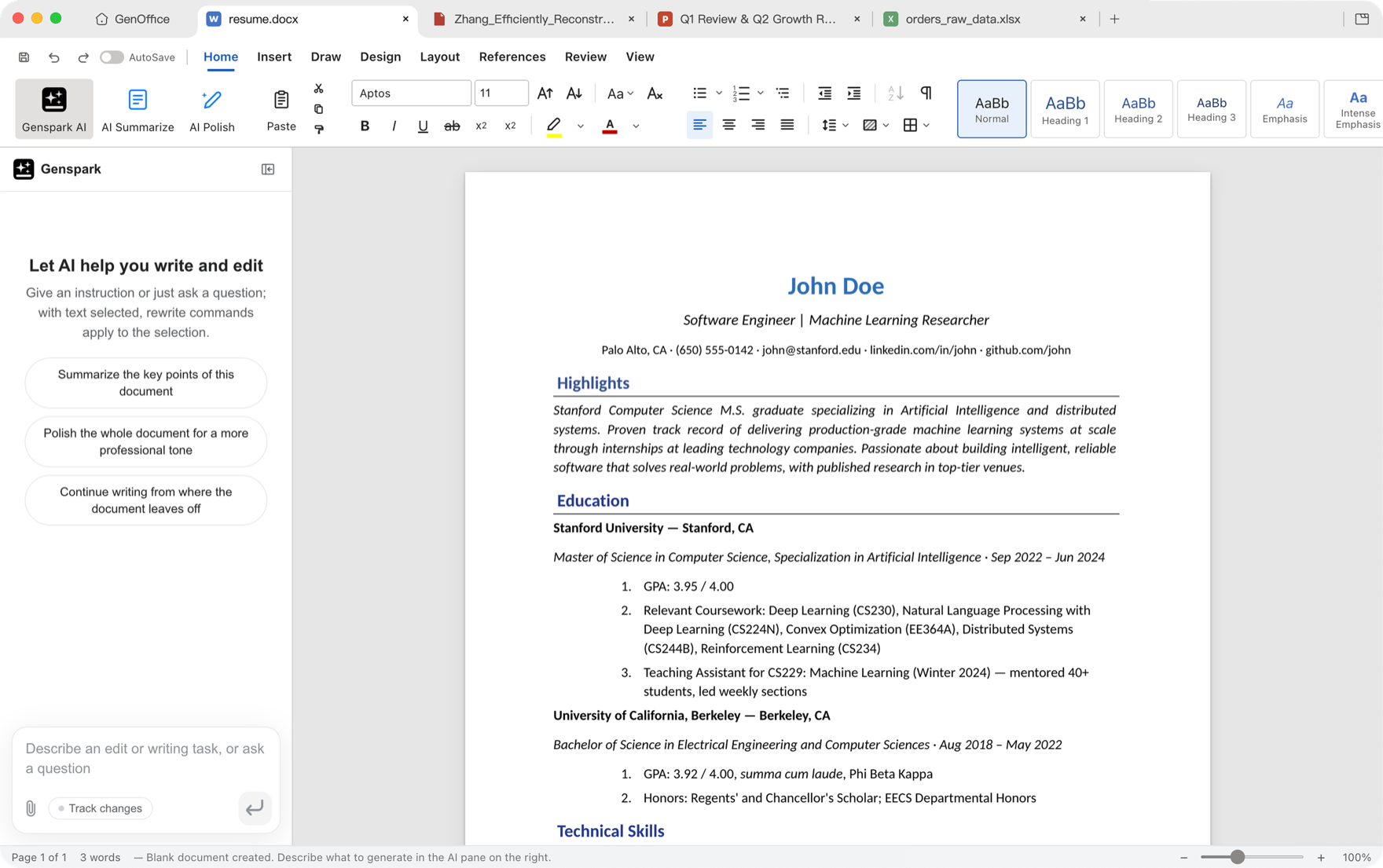 GenOffice Docs editor with the built-in AI panel helping write a document